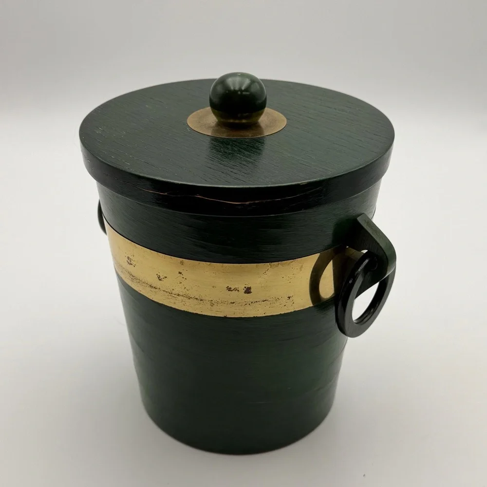 Vintage Ice Bucket Mid Century Modern Green with Gold Trim Plastic Liner